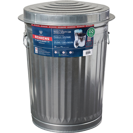 Trash Can with Lid, Galvanized Steel, 20 US gal.