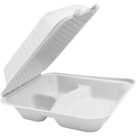 Compostable Hinged Food Containers with Compartments, Bagasse, Square