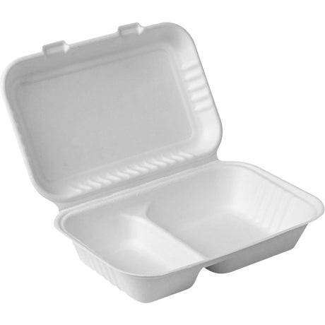 Compostable Hinged Food Containers with Compartments, Bagasse, Recantgular