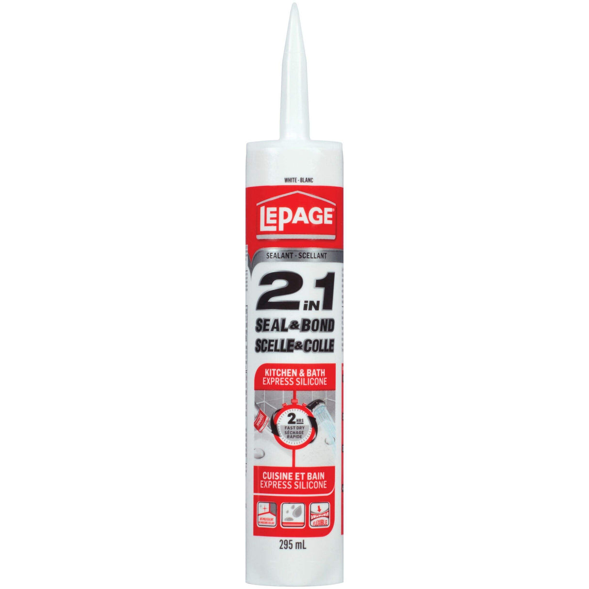 LePage® 2in1 Seal & Bond Sealant - Indoor Caulking for Kitchen, Bathroom Sink & Shower, Flexible & Water Resistant - 295 ml Cartridge, Clear, 1 Pack LePage