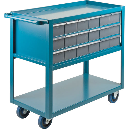 Drawer Shelf Cart, 1200 lbs. Capacity, Steel, 18" x W, 35" x H, 36" D, Rubber Wheels, All-Welded, 18 Drawers