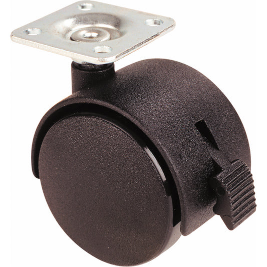 Twin Wheel Casters (300/400 Series), Swivel with Brake, 2" (51 mm), Plastic, 75 lbs. (34 kg.)