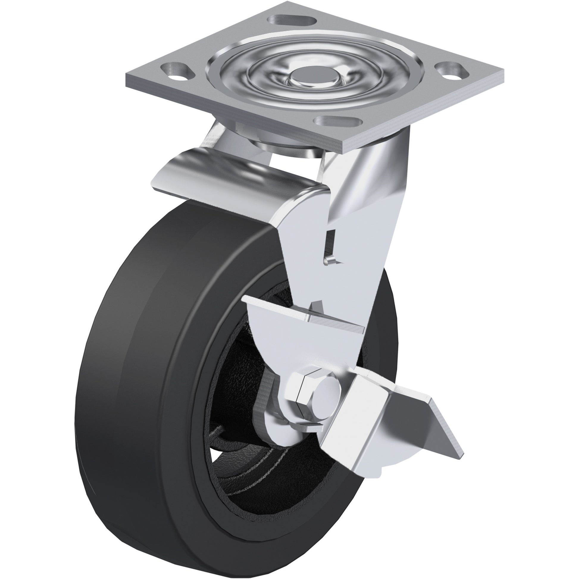 Caster, Swivel with Brake, 6" (152.4 mm), Mold-on Rubber, 500 lbs. (227 kg.)