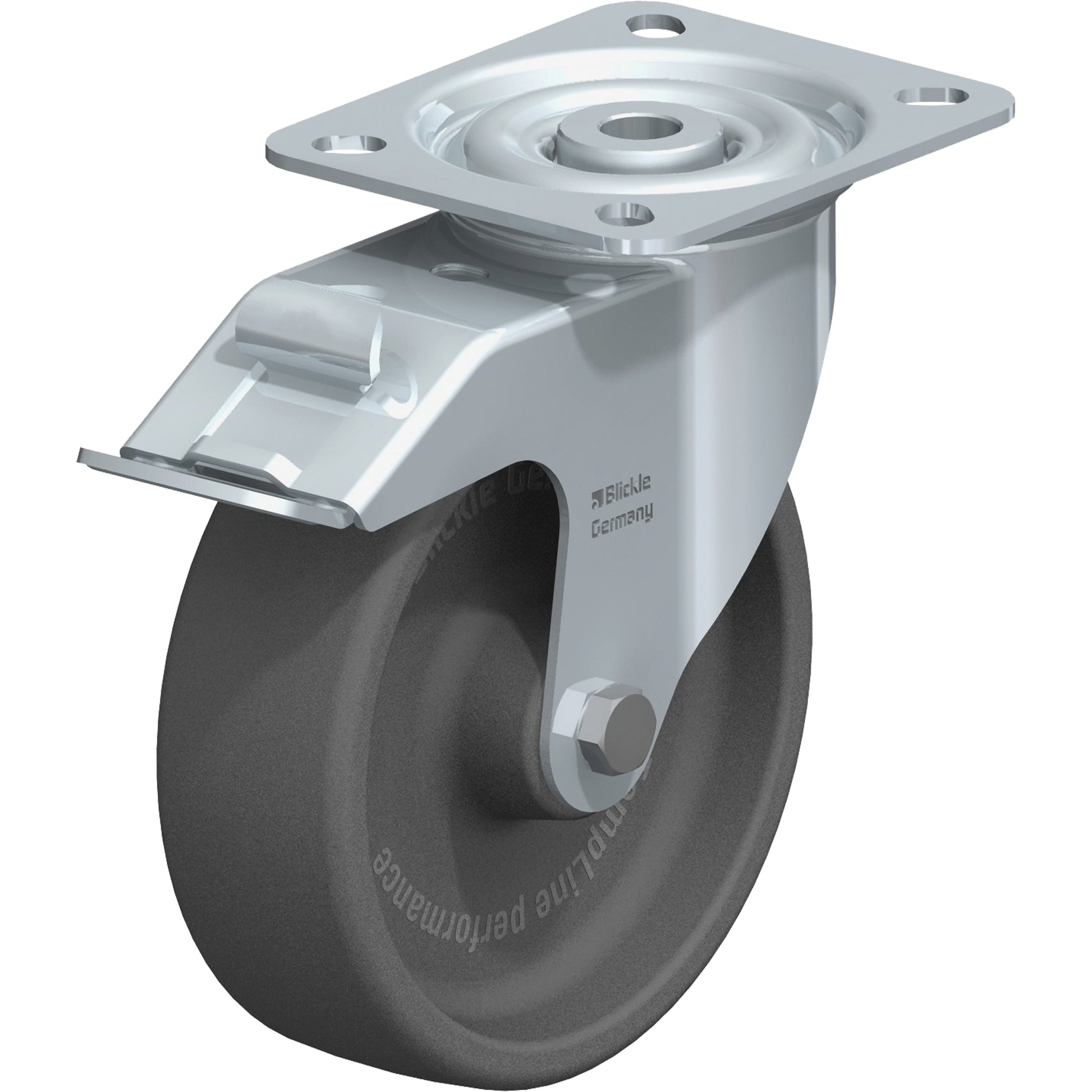 Caster, Swivel with Brake, 5" (127 mm), Heat-Resistant Thermoplastic, 330 lbs. (150 kg.)