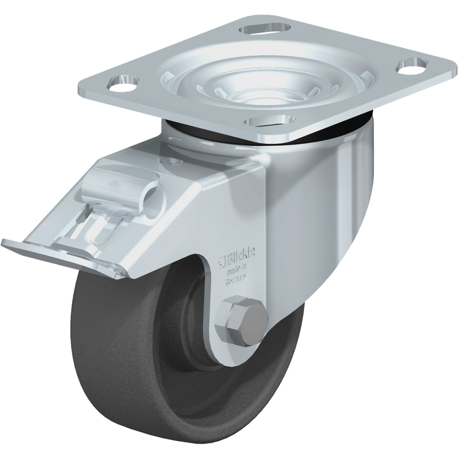 Impact-Resistant Caster, Swivel with Brake, 4" (101.6 mm), Nylon, 615 lbs. (280 kg.)