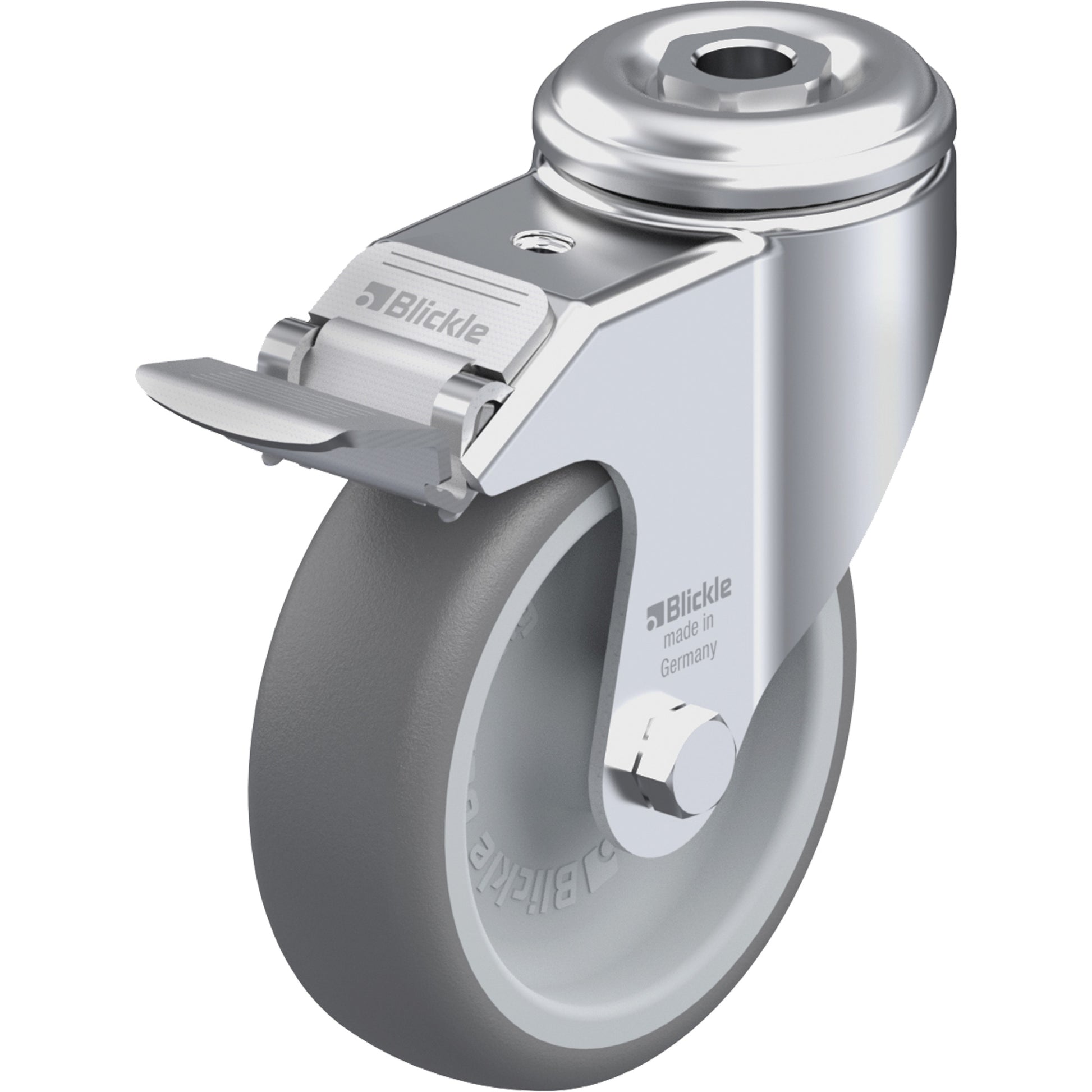 High-Quality Thermoplastic Elastomer Caster, Swivel with Brake, 4" (102 mm) Dia., 240 lbs. (108 kg.) Capacity