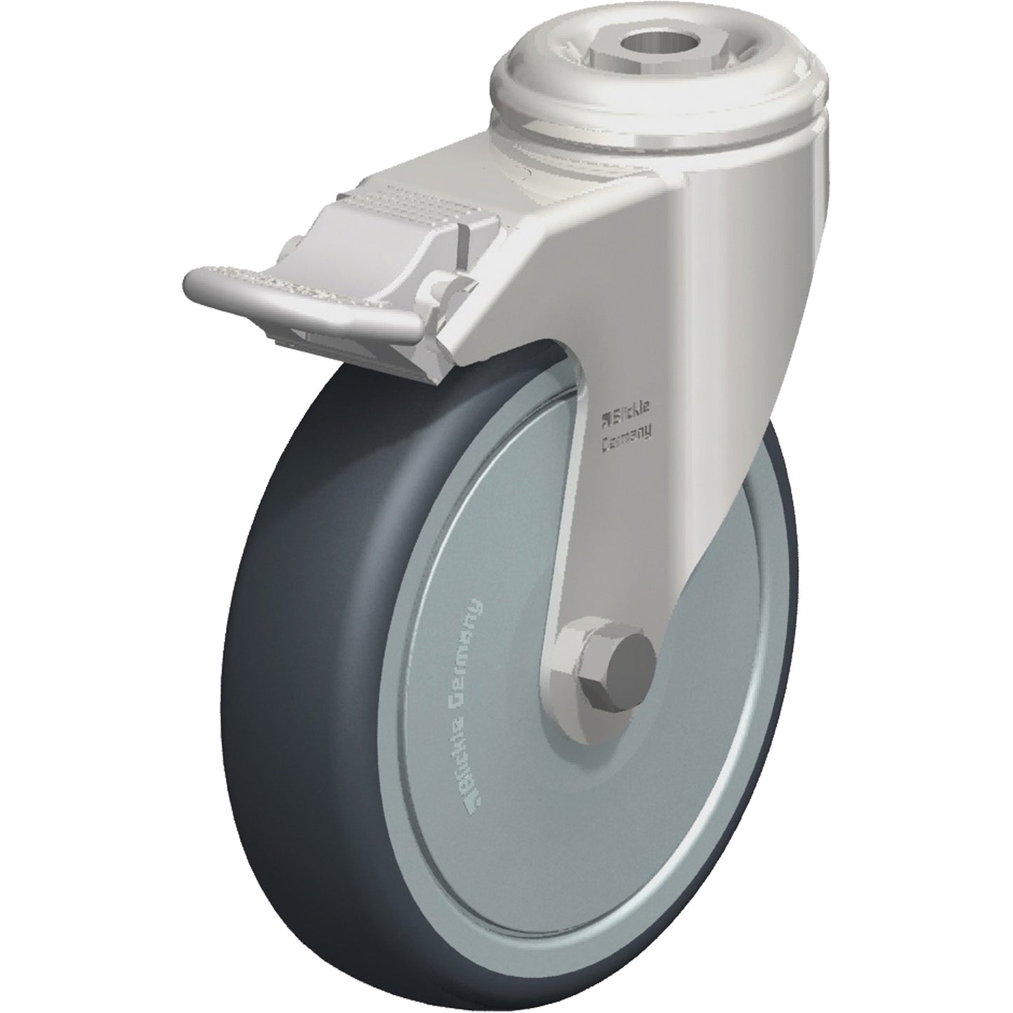 Stainless Steel Thermoplastic Elastomer Caster, Swivel with Brake, 5" (127 mm) Dia., 265 lbs. (120 kg.) Capacity