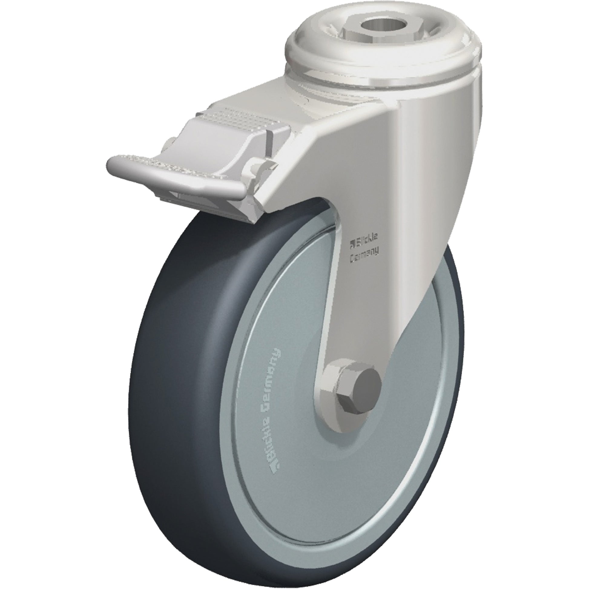 Stainless Steel Thermoplastic Elastomer Caster, Swivel with Brake, 5" (127 mm) Dia., 265 lbs. (120 kg.) Capacity