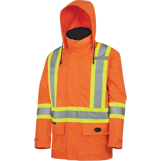 Pioneer 5594 Lightweight Waterproof Safety Jacket with Detachable Hood, Polyester, High Visibility Orange, Large