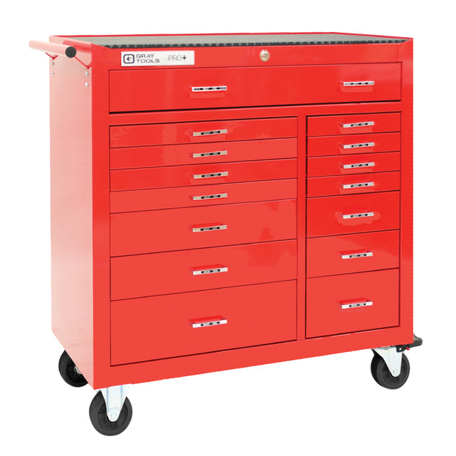 PRO+ Series Roller Cabinet, 15 Drawers, 42" W x 19" D x 43-1/2" H, Red