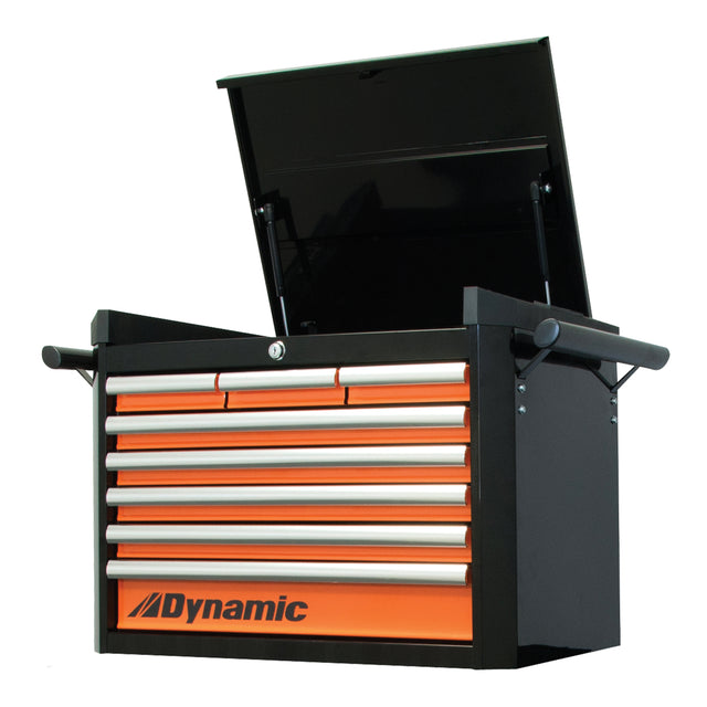 Top Tool Chest, 28" W, 8 Drawers, Black/Orange