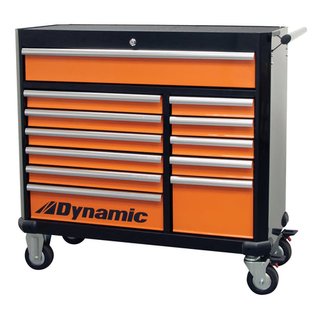 Roller Tool Cabinet, 12 Drawers, 42" W x 18" D x 41" H, Black/Orange