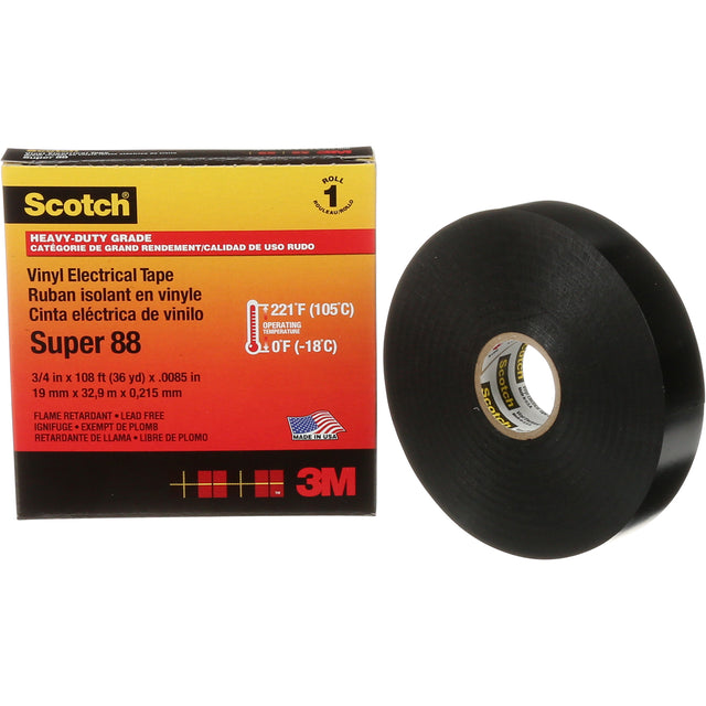 Scotch® Super 88 Professional-Grade  Electrical Tape, 19 mm (3/4") W x 32.9 m (108') L, 8.5 mils, Black