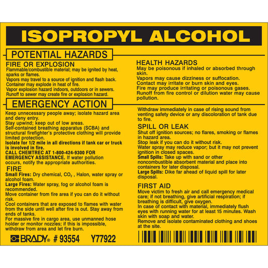 Brady Isopropyl Alcohol Labels, Vinyl, Sheet, 4-1/2" L x 3-1/2" W