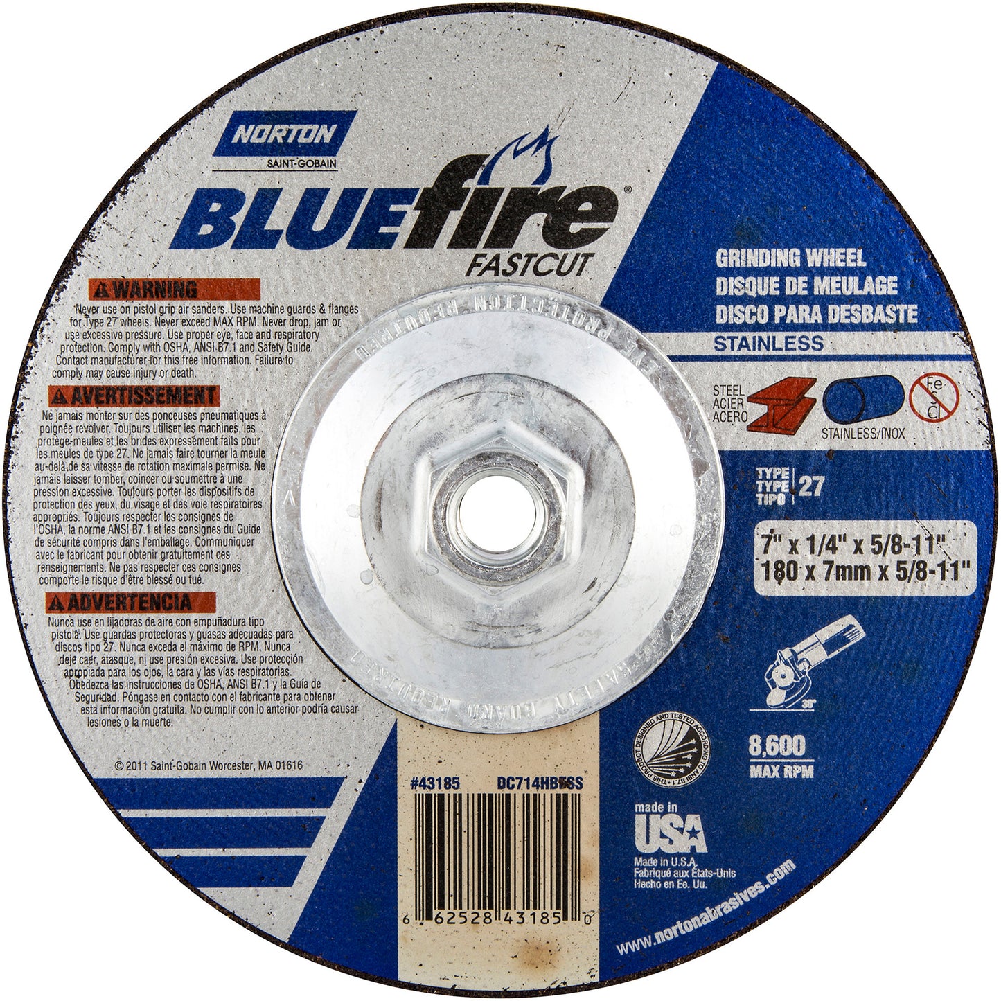 Bluefire® Depressed Centre Wheel, 7" x 1/4", 5/8"-11 Arbor, Zirconia Alumina, Type 27