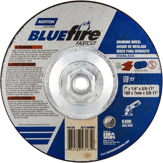 Bluefire® Depressed Centre Wheel, 7" x 1/4", 5/8"-11 Arbor, Zirconia Alumina, Type 27