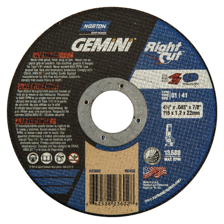 Gemini® Cutting Disc, 4-1/2" x 0.045", 7/8" Arbor, Type 1, Aluminum Oxide, 13580 RPM