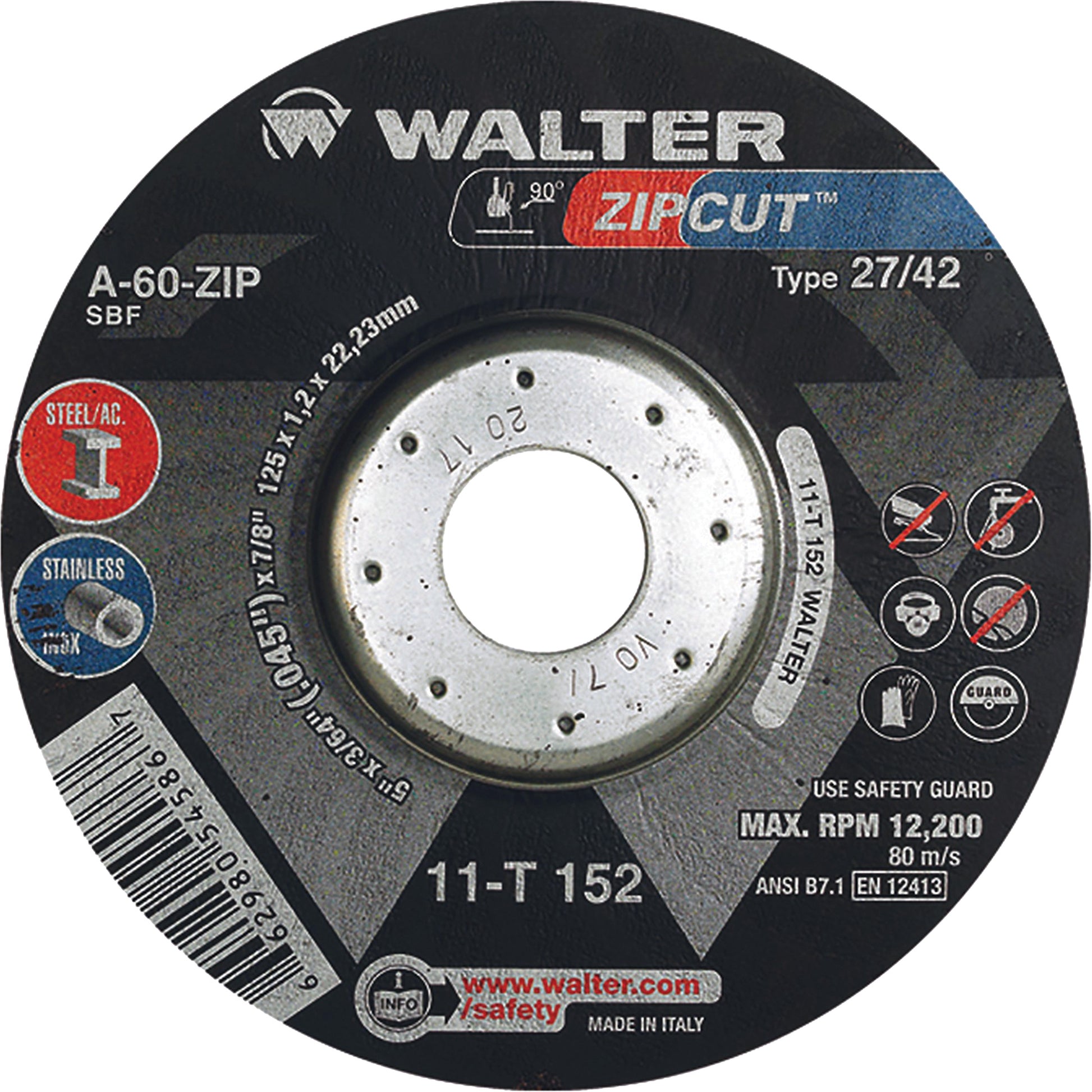 Zipcut™ Right Angle Grinder Reinforced Cut-Off Wheels, 5" x 3/64", 7/8" Arbor, Type 27, Aluminum Oxide, 12200 RPM