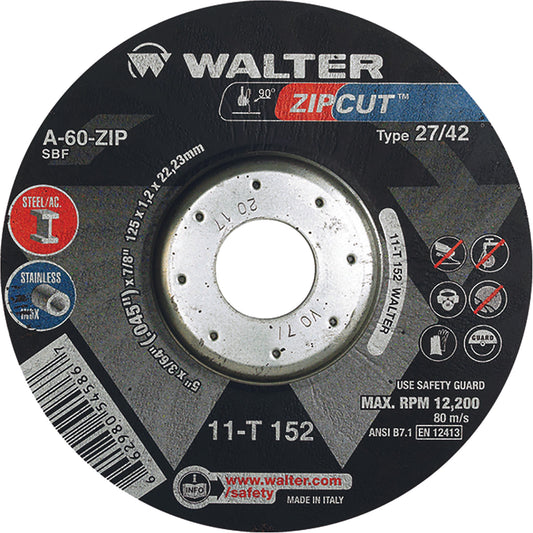Zipcut™ Right Angle Grinder Reinforced Cut-Off Wheels, 5" x 3/64", 7/8" Arbor, Type 27, Aluminum Oxide, 12200 RPM