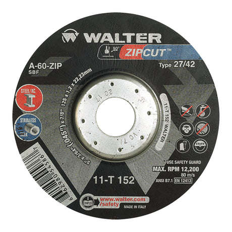 Zipcut™ Right Angle Grinder Reinforced Cut-Off Wheels, 5" x 3/64", 7/8" Arbor, Type 27, Aluminum Oxide, 12200 RPM