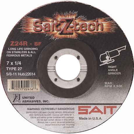 Sait Z-Tech™ Z24R High Performance Grinding Wheel, 4-1/2" x 1/4", 7/8" Arbor, Zirconium, Type 27