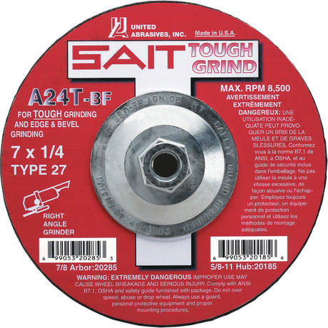 A24T Tough Grind Grinding Wheel, 4-1/2" x 1/4", 7/8" Arbor, Aluminum Oxide, Type 27