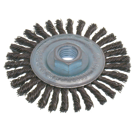 Economy High Speed Stringer Bead Knot Wire Wheel Brush, 6" Dia., 0.02" Fill, 5/8"-11 Arbor, Steel