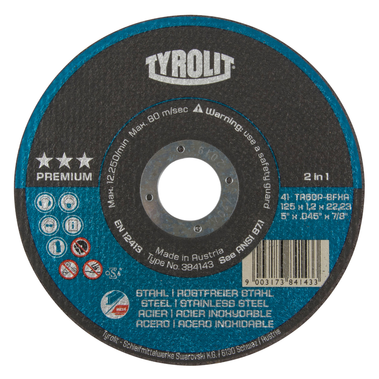 Premium 2 In 1 Thincut Cut-Off Wheel, 5" x 0.045", 7/8" Arbor, Type 1, Aluminum Oxide, 12250 RPM