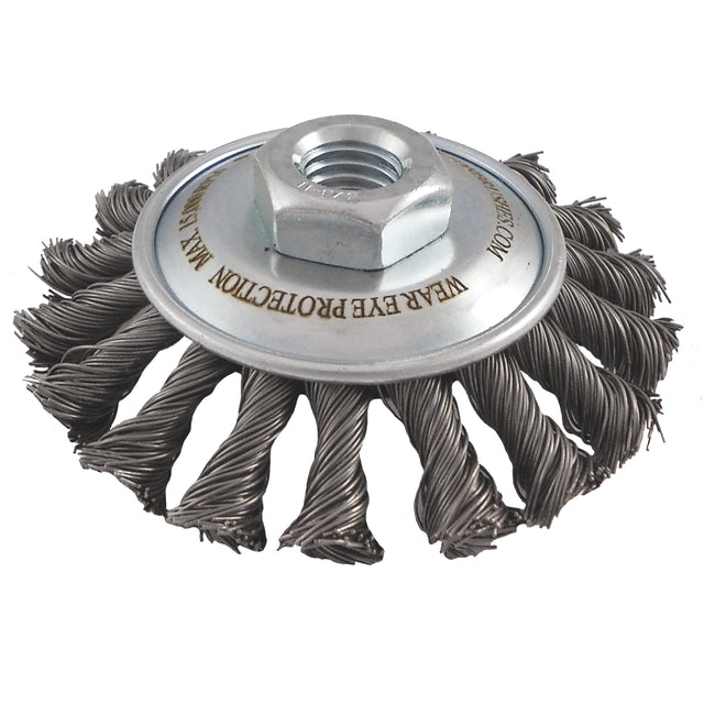 Knotted Wire Wheel Saucer Brushes, 4" Dia., 0.02" Fill, 5/8"-11 Arbor, Steel