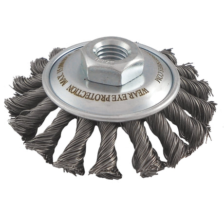 Knotted Wire Wheel Saucer Brushes, 5" Dia., 0.02" Fill, 5/8"-11 Arbor, Steel