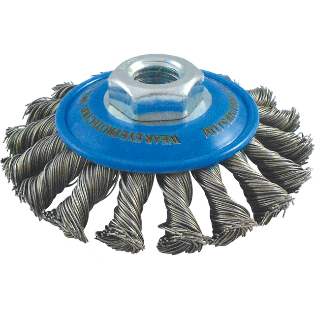 Knotted Wire Wheel Saucer Brushes, 4" Dia., 0.02" Fill, 5/8"-11 Arbor, Stainless Steel