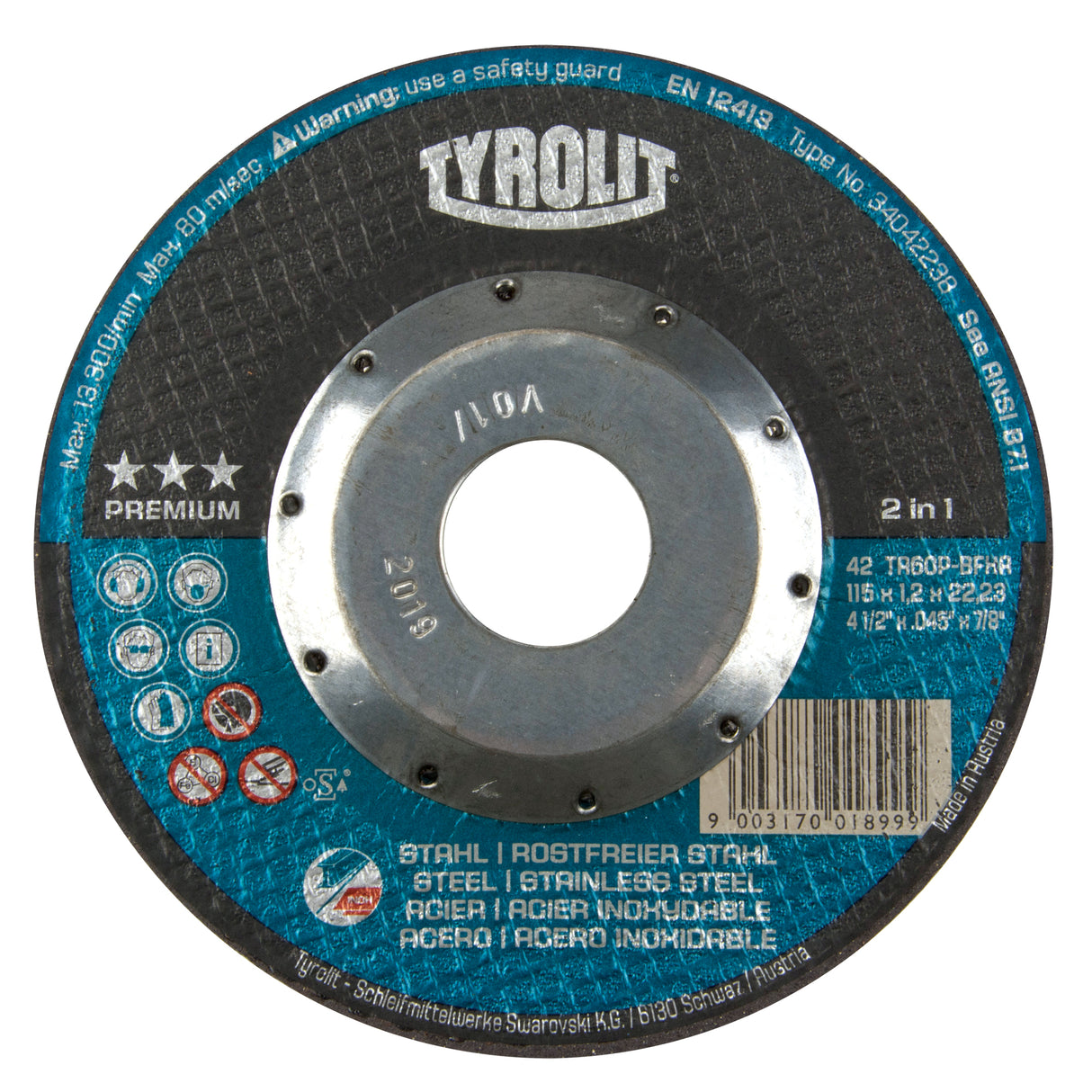 Premium 2 In 1 Thincut Cut-Off Wheel, 4-1/2" x 0.045", 7/8" Arbor, Type 27, Aluminum Oxide, 13300 RPM