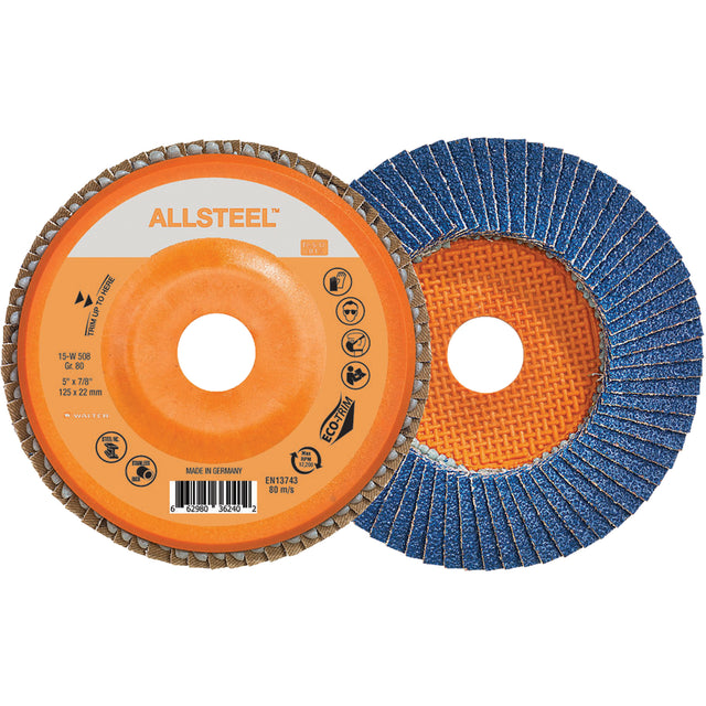 AllSteel™ Flap Disc, 5" x 7/8", Type 27, 80 Grit, Zirconia Alumina