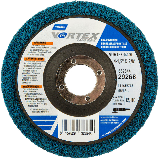 Vortex Non-Woven Disc, 4-1/2" Dia. x 1/2" W, 7/8" Arbor, Aluminum Oxide