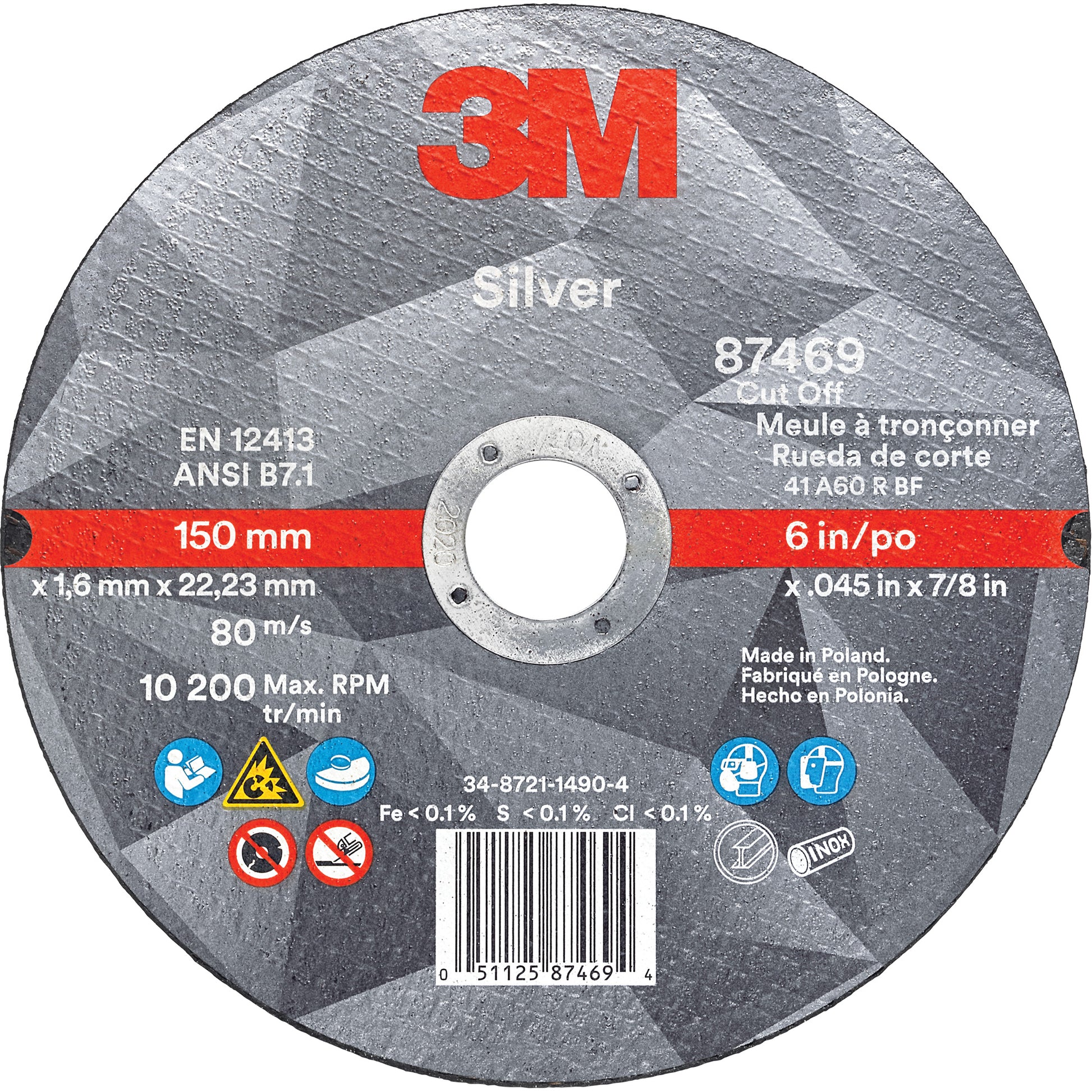 Silver Cut-Off Wheel, 6" x 0.045", 7/8" Arbor, Type 1, Ceramic, 10200 RPM