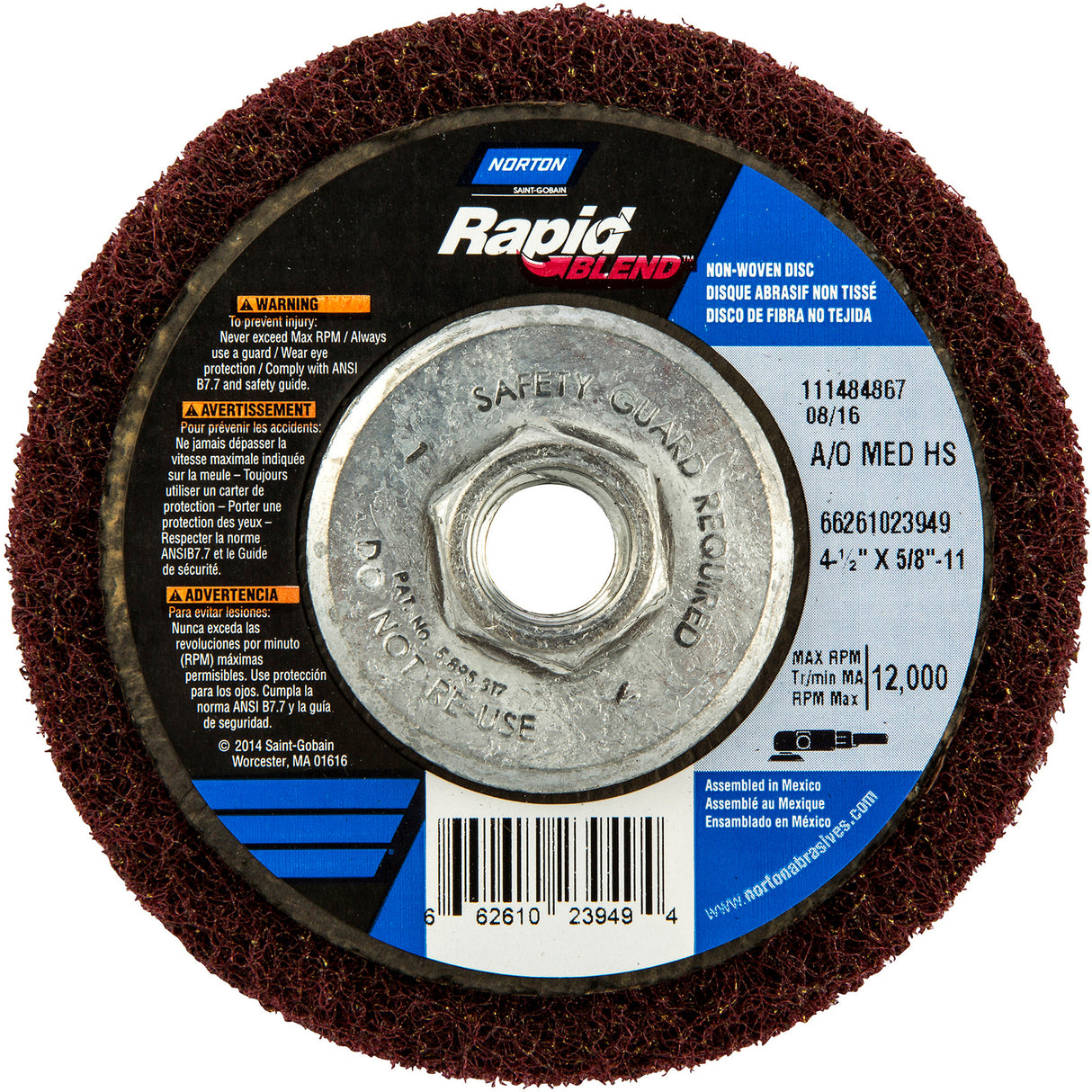 Rapid Blend™ Non-Woven Depressed Center Abrasive Disc, 4-1/2" Dia., 150-180 Grit, Aluminum Oxide
