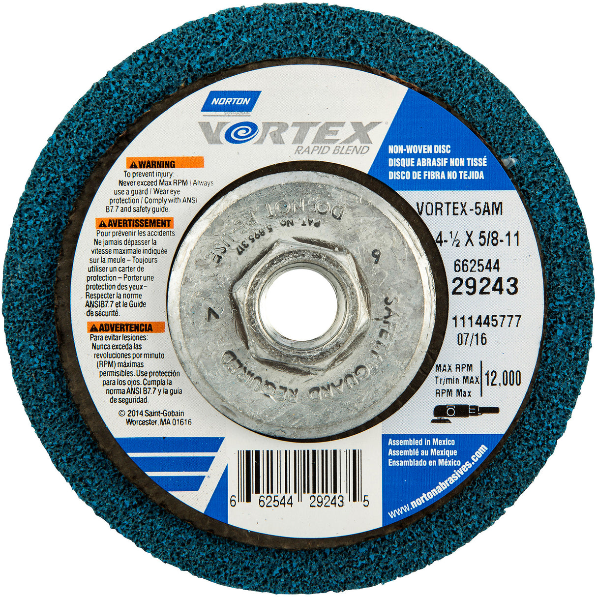 Vortex Rapid Blend™ Non-Woven Depressed Center Abrasive Disc, 4-1/2" Dia., 100-120 Grit, Aluminum Oxide