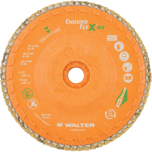 Enduro-Flex Alu™ Spin-On Flap Disc, 4-1/2" x 5/8"-11, Type 27, 40 Grit, Zirconia Alumina