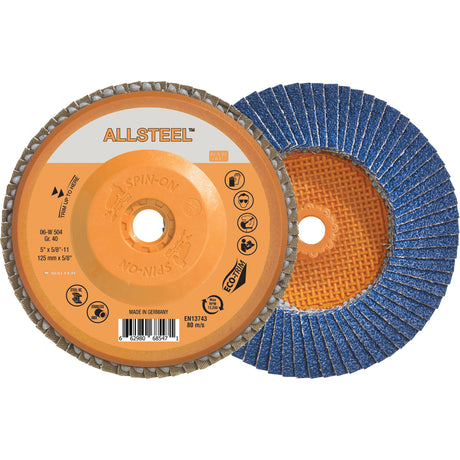 AllSteel™ Flap Disc, 5" x 5/8"-11, Type 27, 40 Grit, Zirconia Alumina