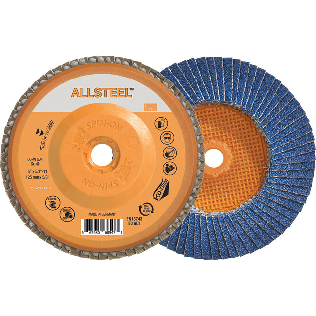 AllSteel™ Flap Disc, 5" x 5/8"-11, Type 27, 40 Grit, Zirconia Alumina