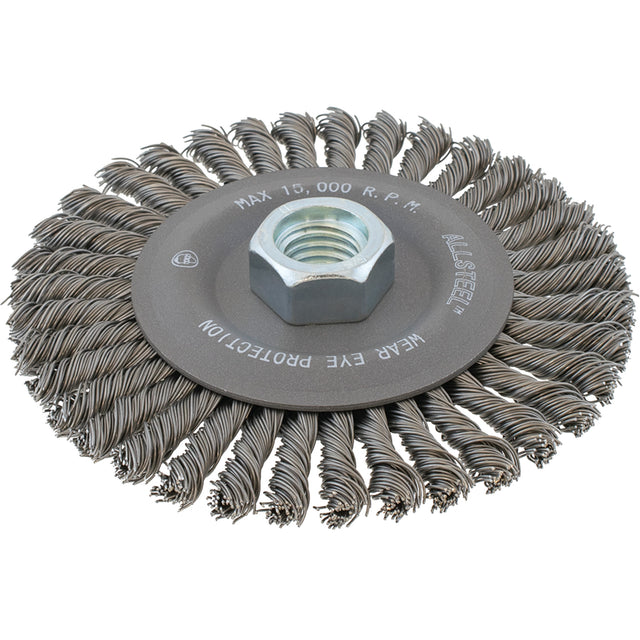AllSteel™ Stringer Bead Wire Brush, 6" Dia., 0.02" Fill, 5/8"-11 Arbor, Steel