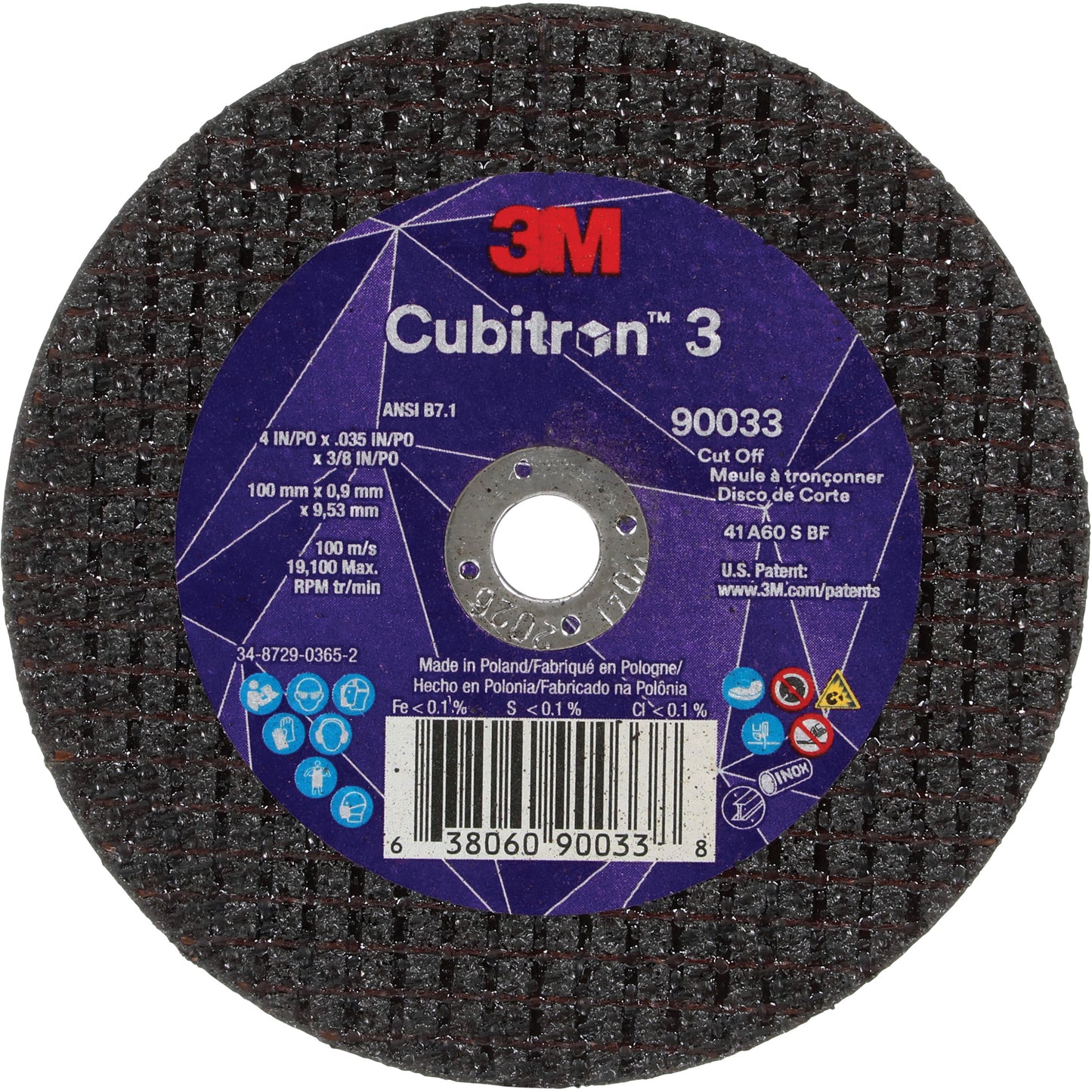 Cubitron™ 3 Cut-Off Wheel, 4" x 0.035", 3/8" Arbor, Type T1, Ceramic, 21000 RPM