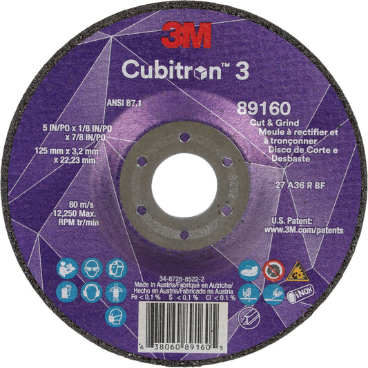 Cubitron™ 3 Cut and Grind Wheel, 5" x 1/8", 7/8" Arbor, Type 27, 36 Grit, Ceramic