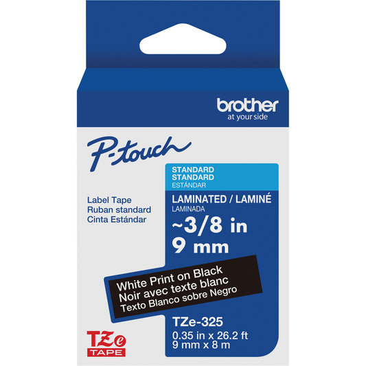 P-touch® Labeling Systems, 9 mm x 314.96" or 8 m, White on Black