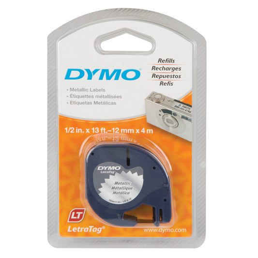 Labels for LetraTag Plus LT100-H, 12 mm x 13', Black on Silver