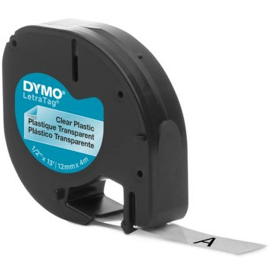 Labels for LetraTag Plus LT100-H, 12 mm x 157-12/25", Black on Clear