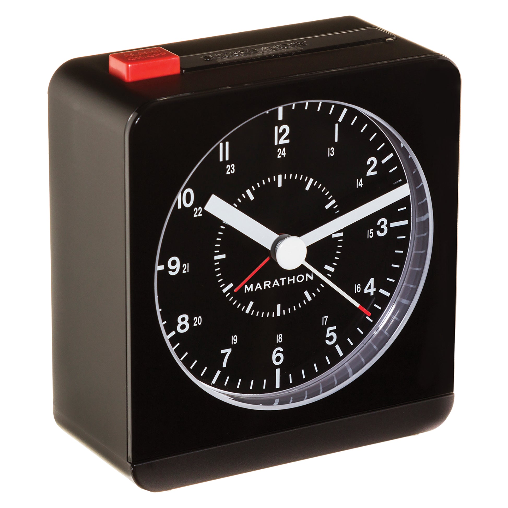 Desk Alarm Clock, Analog, Battery Operated, 3.5" W x 1.5" D x 3.75" H, Black