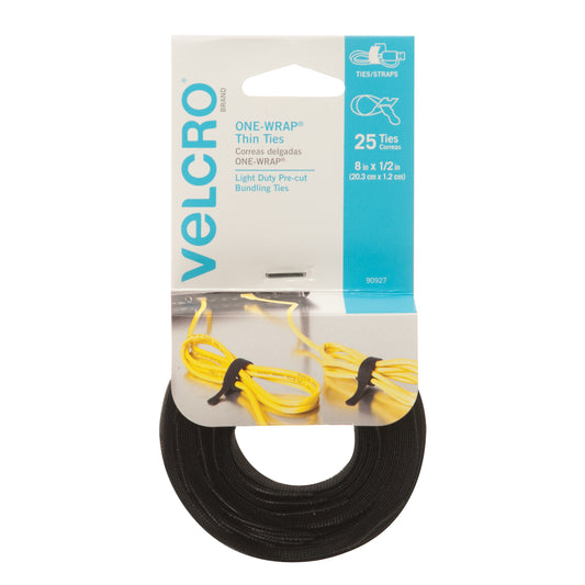 One-Wrap® Thin Ties, Hook & Loop, 8" x 1/2", Self-Grip, Black
