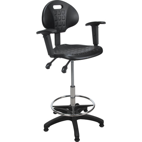 Heavy-Duty Ergonomic Stool with Adjustable Arm Rests, Stationary, Adjustable, 39" - 48", Polyurethane Seat, Black