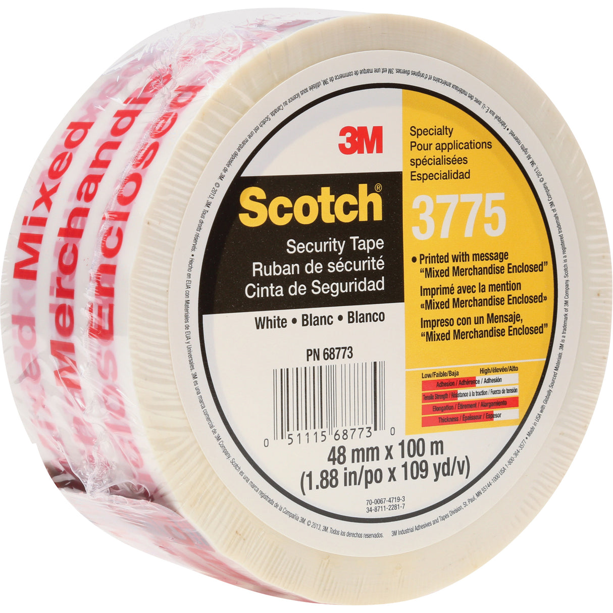 Scotch® 3775 Box Sealing Tape with Message, Hot Melt Adhesive, 2 mils, 48 mm (1-22/25") x 100 m (328')